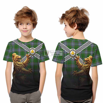 Tartan Vibes Clothing Pringle Crest Tartan Kid T-Shirt with Golden Lion Emblem Celtic Style