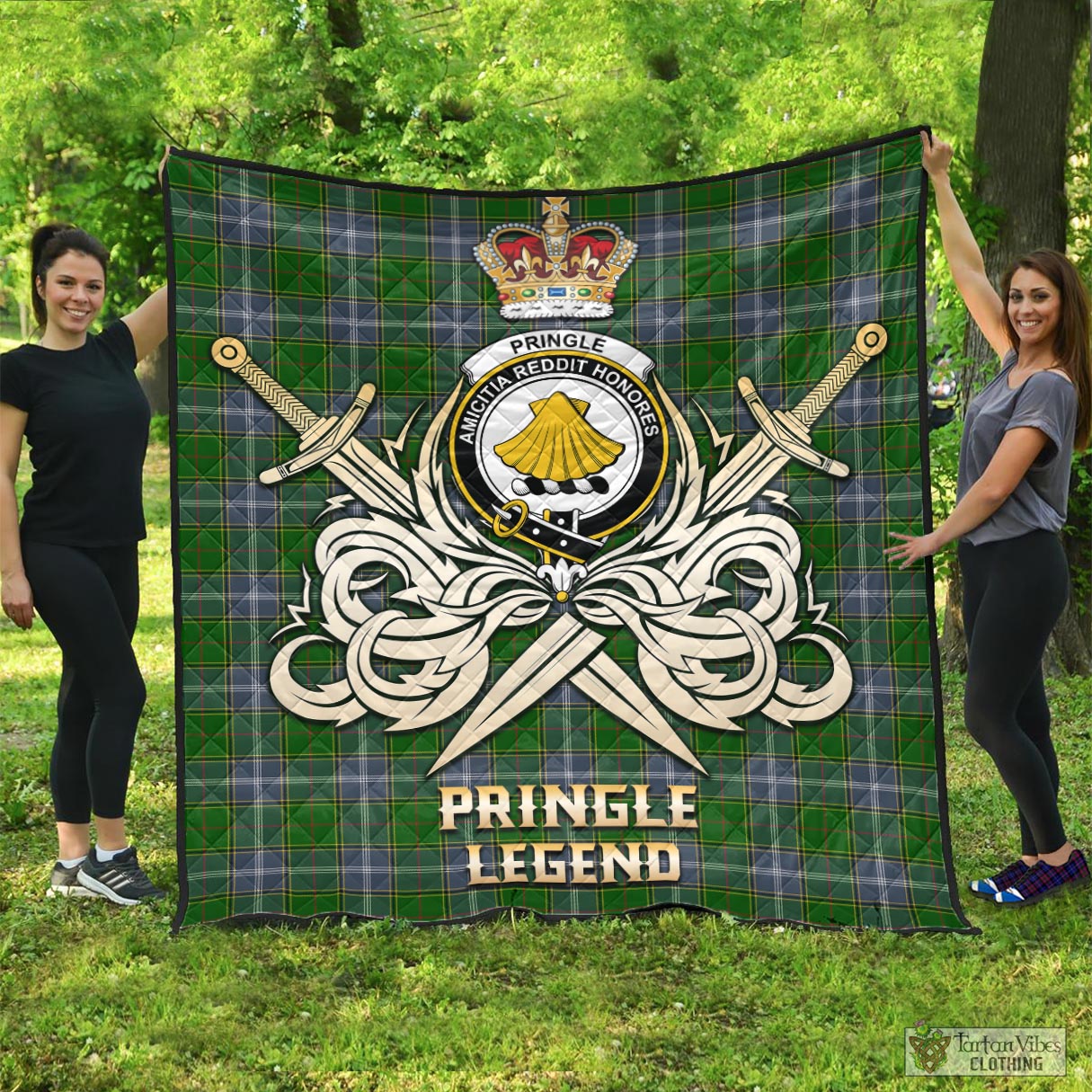 Tartan Vibes Clothing Pringle Tartan Quilt with Clan Crest and the Golden Sword of Courageous Legacy