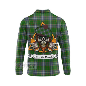 Tartan Vibes Clothing Pringle Tartan Long Sleeve Polo Shirt with Family Crest and Bearded Skull Holding Bottles of Whiskey
