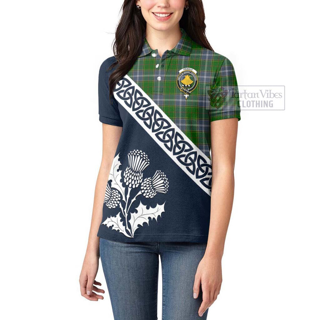 Tartan Vibes Clothing Pringle Tartan Women's Polo Shirt Featuring Thistle and Scotland Map