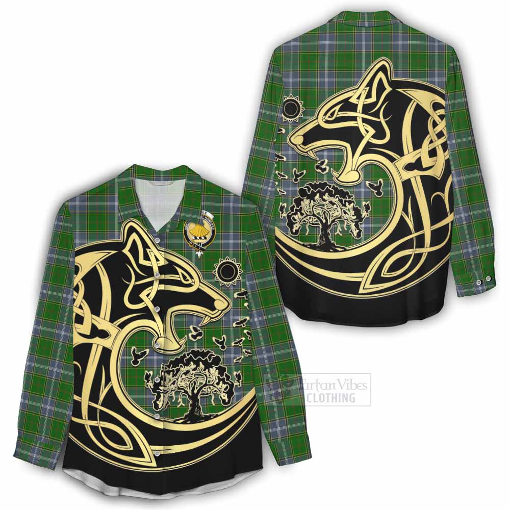 Tartan Vibes Clothing Pringle Tartan Women's Casual Shirt with Family Crest Celtic Wolf Style