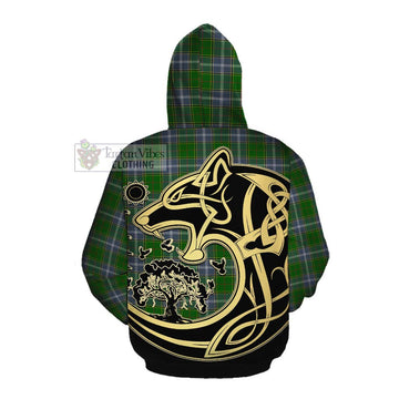 Tartan Vibes Clothing Pringle Tartan Cotton Hoodie with Family Crest Celtic Wolf Style