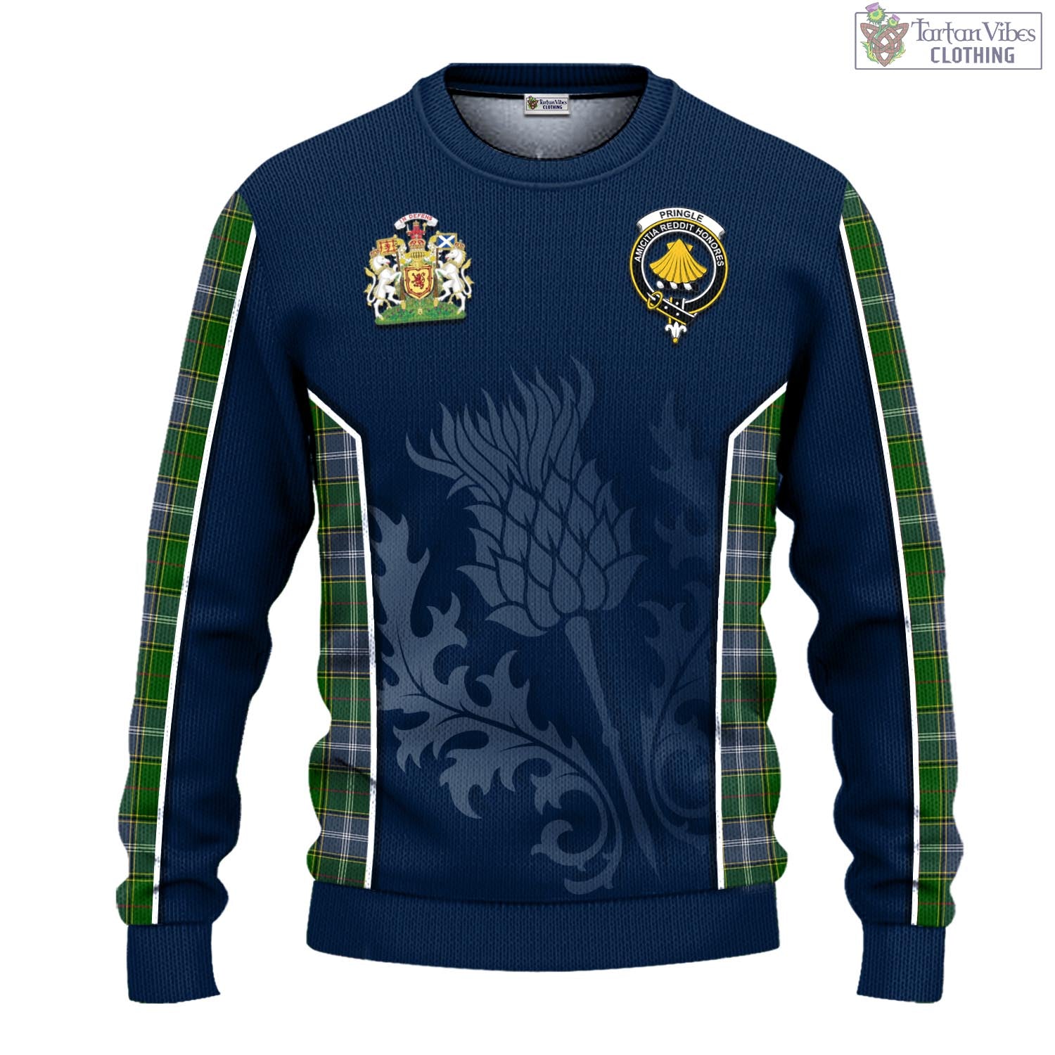Tartan Vibes Clothing Pringle Tartan Knitted Sweatshirt with Family Crest and Scottish Thistle Vibes Sport Style