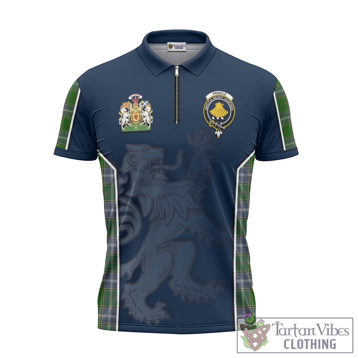 Tartan Vibes Clothing Pringle Tartan Zipper Polo Shirt with Family Crest and Lion Rampant Vibes Sport Style