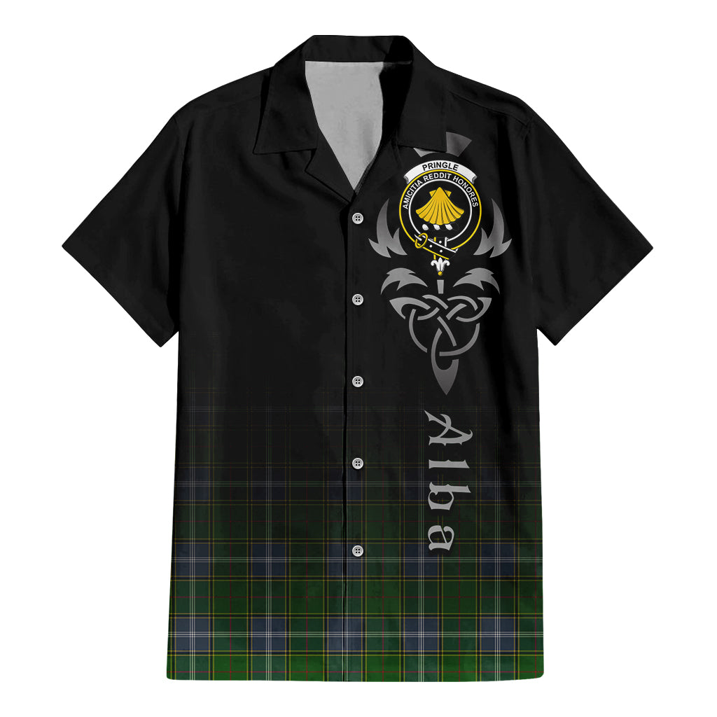 Tartan Vibes Clothing Pringle Tartan Short Sleeve Button Up Featuring Alba Gu Brath Family Crest Celtic Inspired