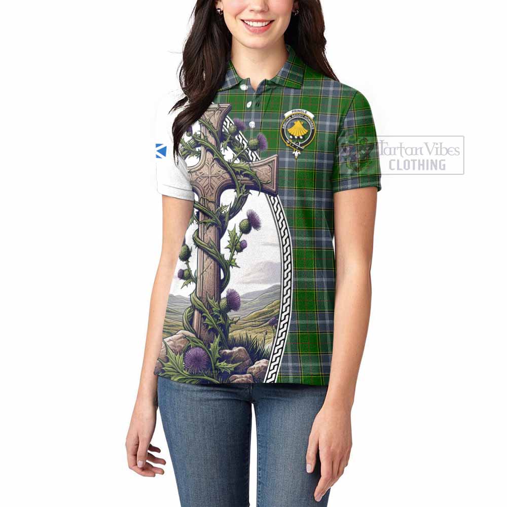 Tartan Vibes Clothing Pringle Tartan Women's Polo Shirt with Family Crest and St. Andrew's Cross Accented by Thistle Vines
