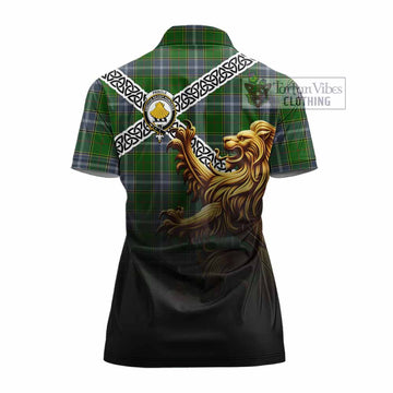 Pringle Crest Tartan Women's Polo Shirt with Golden Lion Emblem Celtic Style