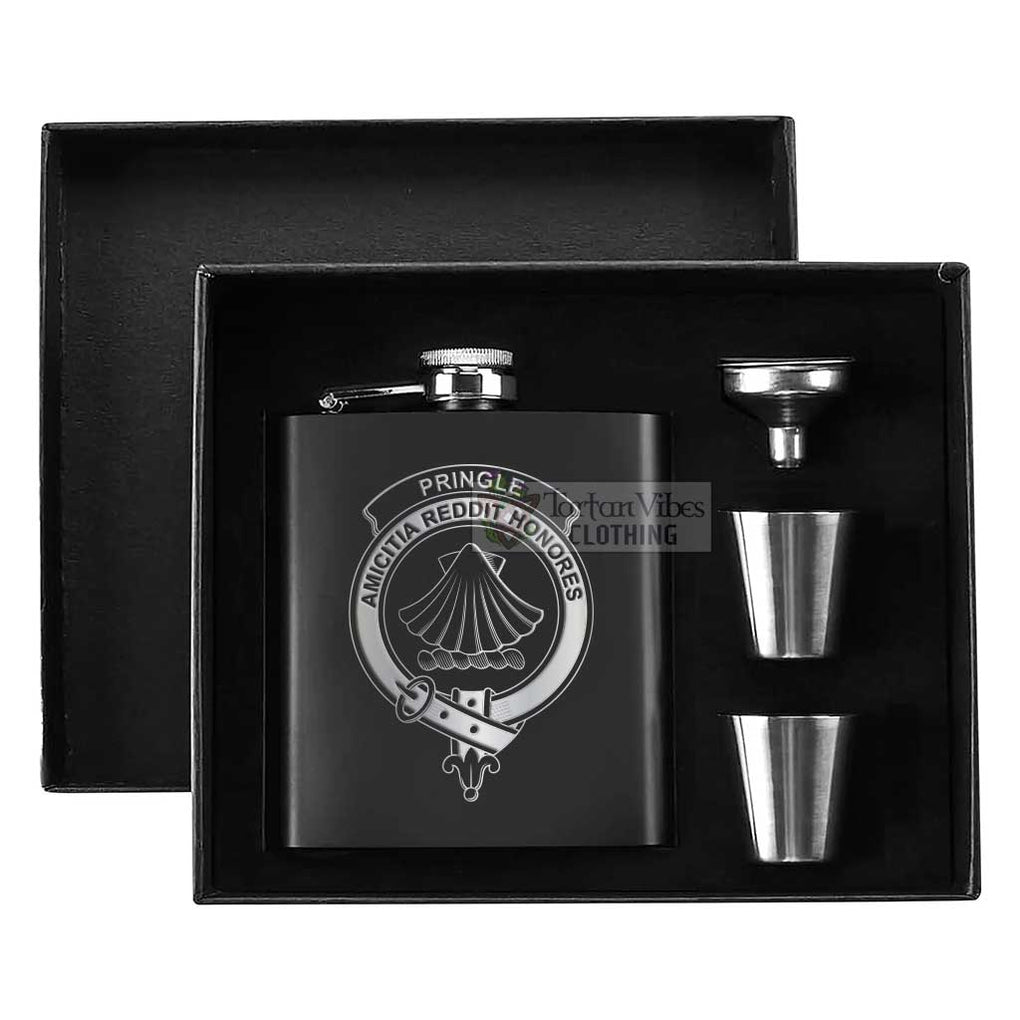 Tartan Vibes Clothing Pringle Crest Hip Flask Set 7oz Black Stainless Steel with A Gift Box