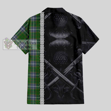 Tartan Vibes Clothing Pringle Tartan Short Sleeve Button Shirt with Family Crest Cross Sword Thistle Celtic Vibes