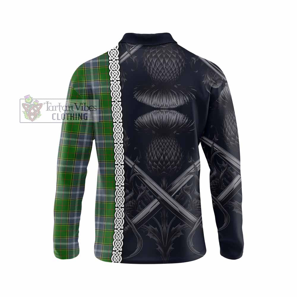 Tartan Vibes Clothing Pringle Tartan Long Sleeve Polo Shirt with Family Crest Cross Sword Thistle Celtic Vibes