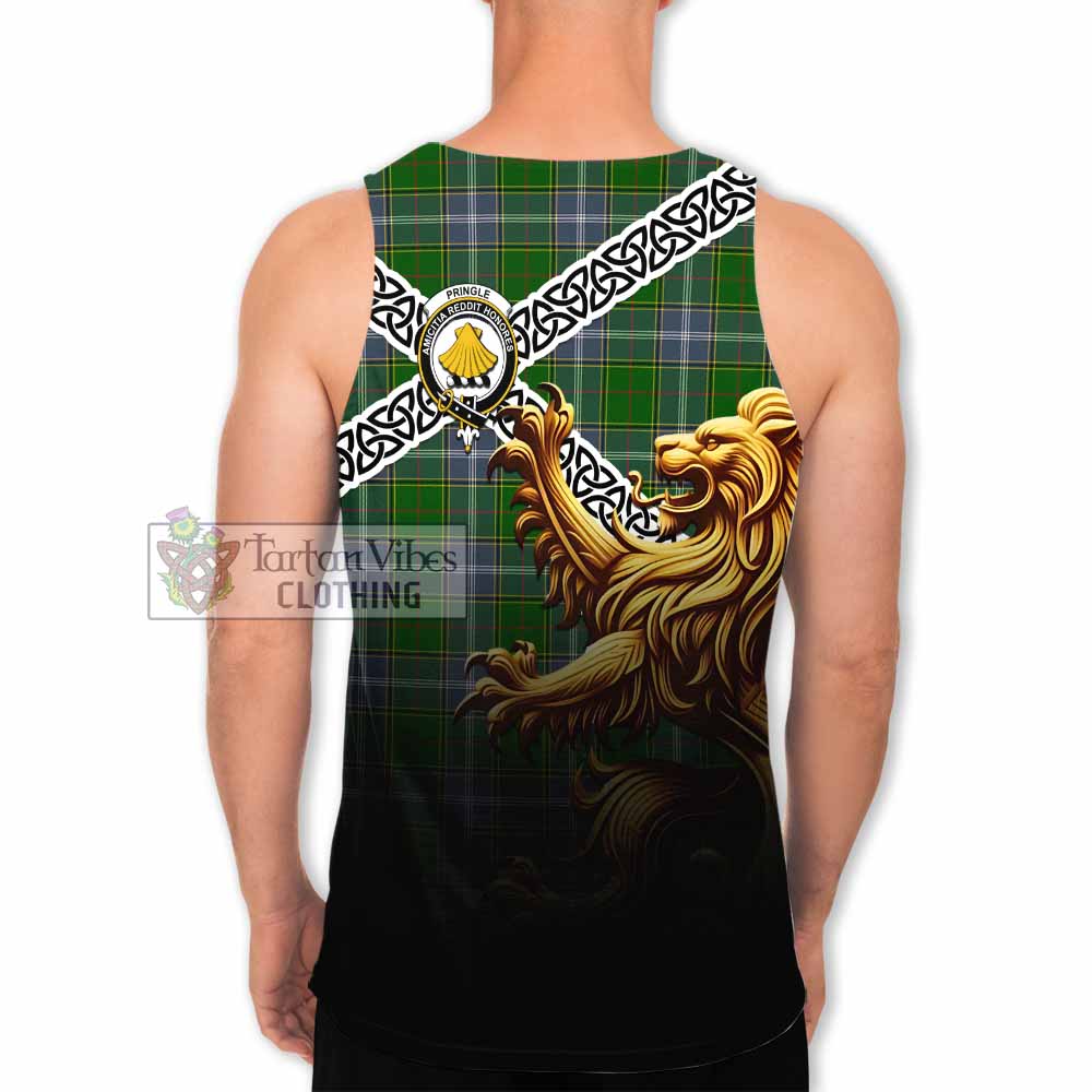 Tartan Vibes Clothing Pringle Crest Tartan Men's Tank Top with Golden Lion Emblem Celtic Style