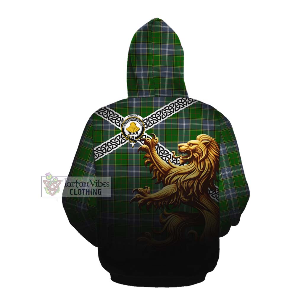 Tartan Vibes Clothing Pringle Crest Tartan Cotton Hoodie with Golden Lion Emblem Celtic Style