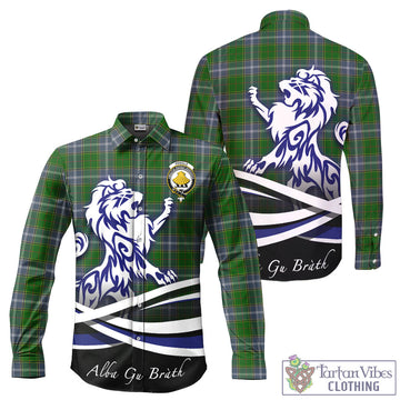 Pringle Tartan Long Sleeve Button Up Shirt with Alba Gu Brath Regal Lion Emblem
