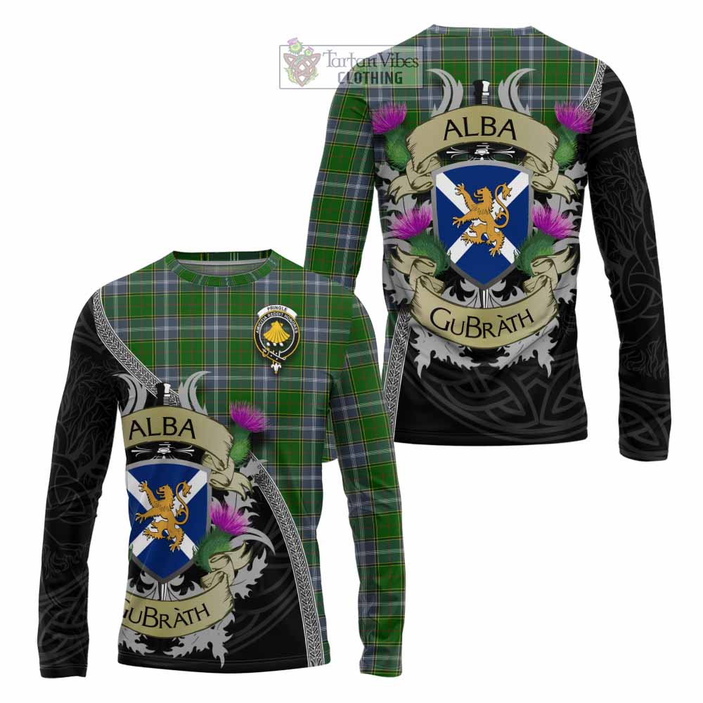 Tartan Vibes Clothing Pringle Tartan Family Crest Long Sleeve T-Shirt Lion Rampant Royal Thistle Shield Celtic Inspired
