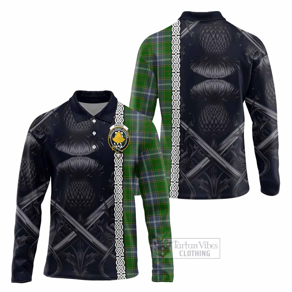 Tartan Vibes Clothing Pringle Tartan Long Sleeve Polo Shirt with Family Crest Cross Sword Thistle Celtic Vibes