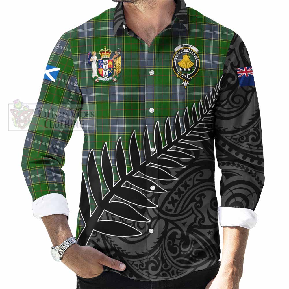 Tartan Vibes Clothing Pringle Crest Tartan Long Sleeve Button Shirt with New Zealand Silver Fern Half Style