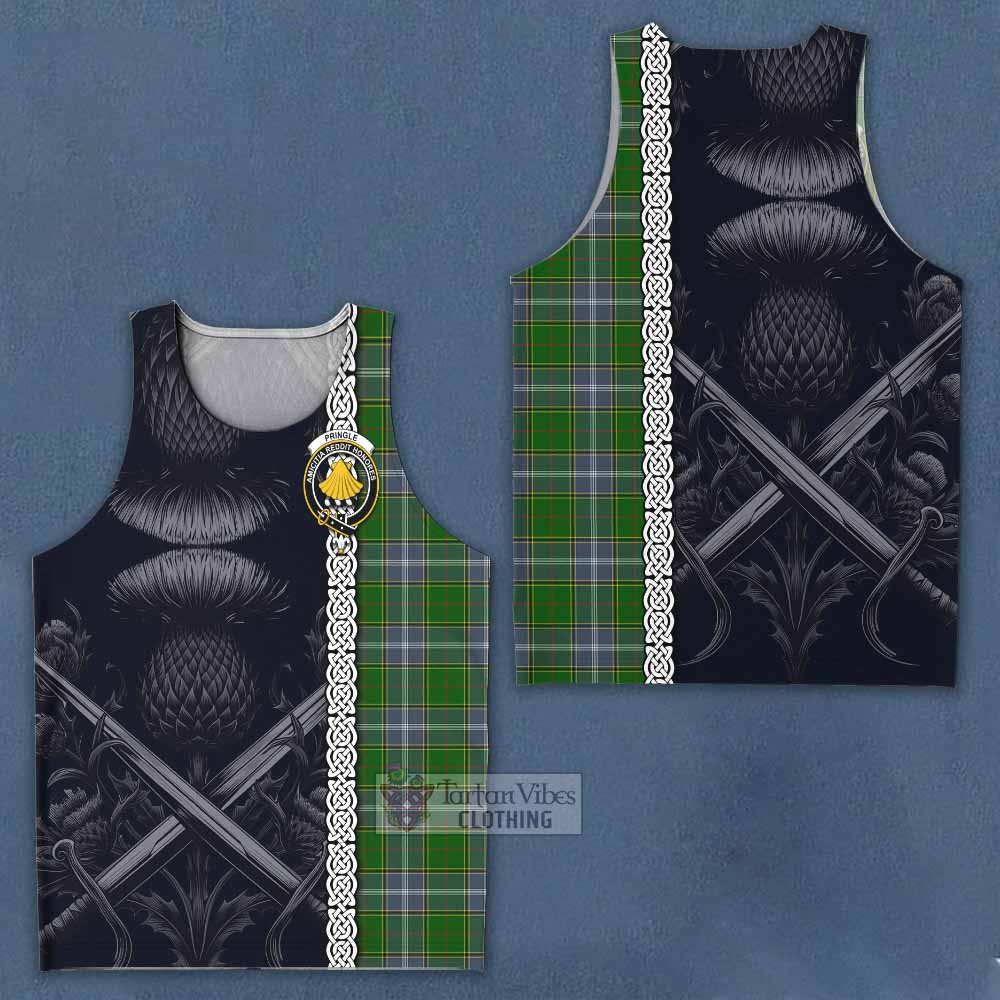 Tartan Vibes Clothing Pringle Tartan Men's Tank Top with Family Crest Cross Sword Thistle Celtic Vibes