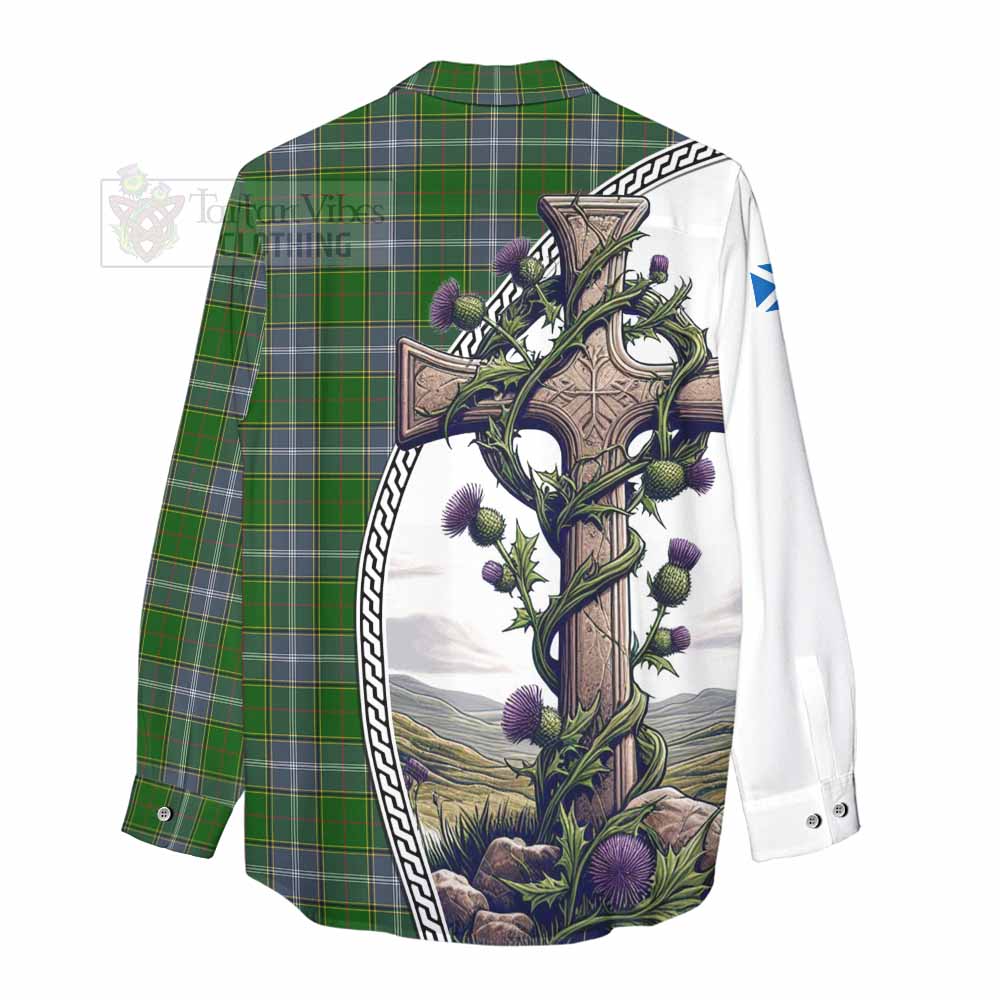 Tartan Vibes Clothing Pringle Tartan Women's Casual Shirt with Family Crest and St. Andrew's Cross Accented by Thistle Vines