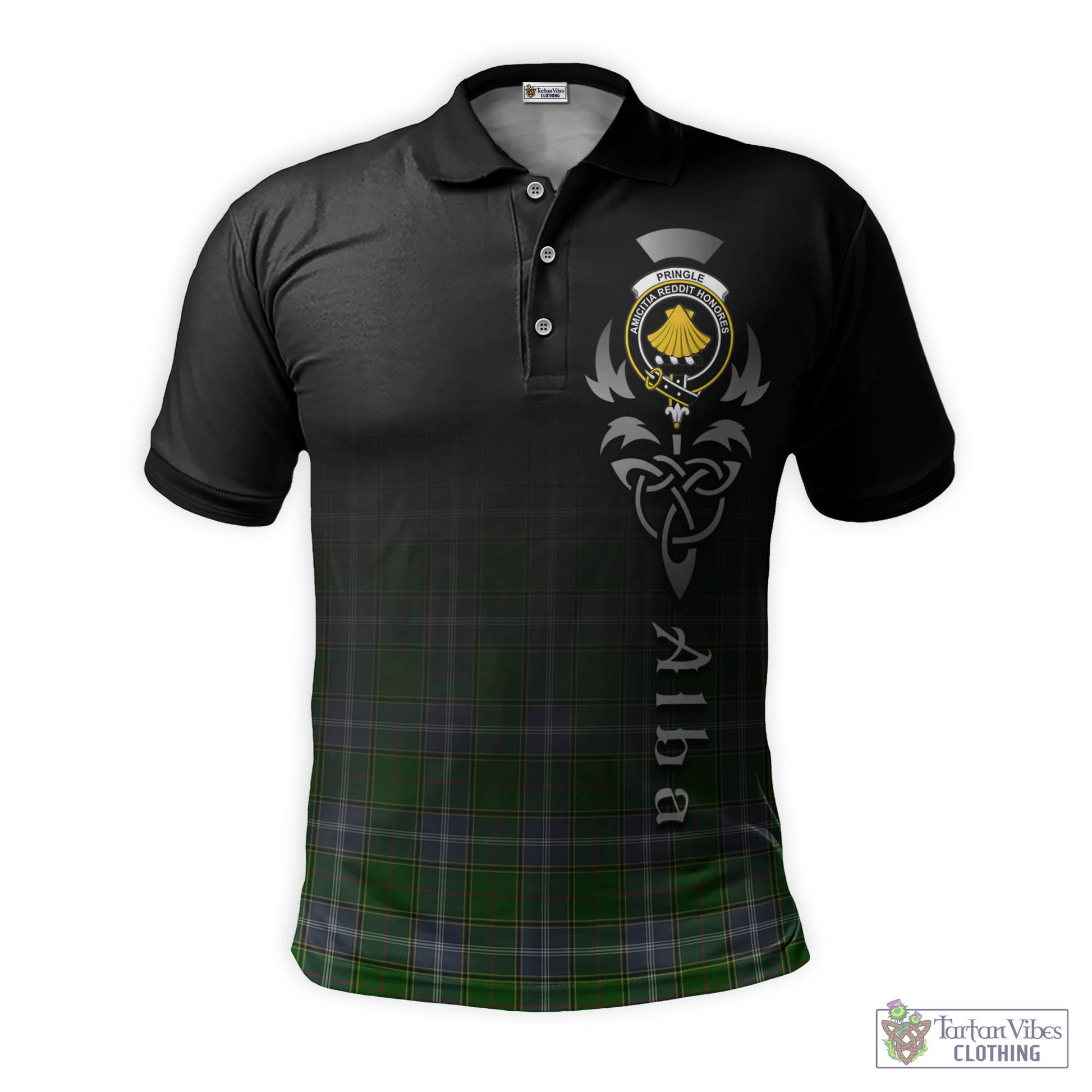 Tartan Vibes Clothing Pringle Tartan Polo Shirt Featuring Alba Gu Brath Family Crest Celtic Inspired