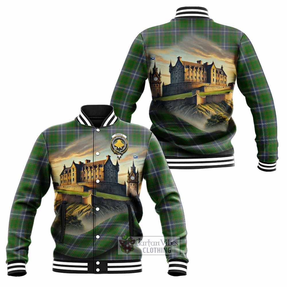 Tartan Vibes Clothing Pringle Tartan Family Crest Baseball Jacket with Scottish Ancient Castle Style