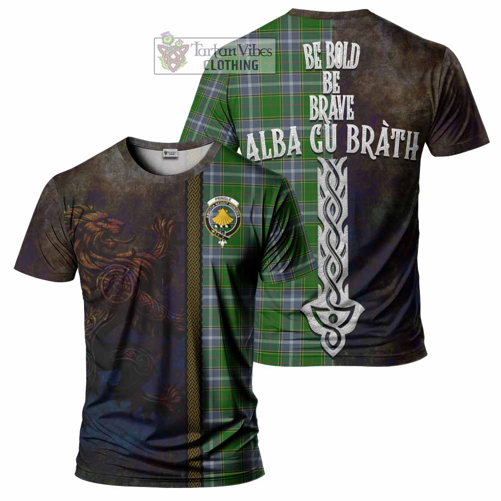 Tartan Vibes Clothing Pringle Tartan Family Crest T-Shirt Alba Gu Brath Be Brave Lion Ancient Style