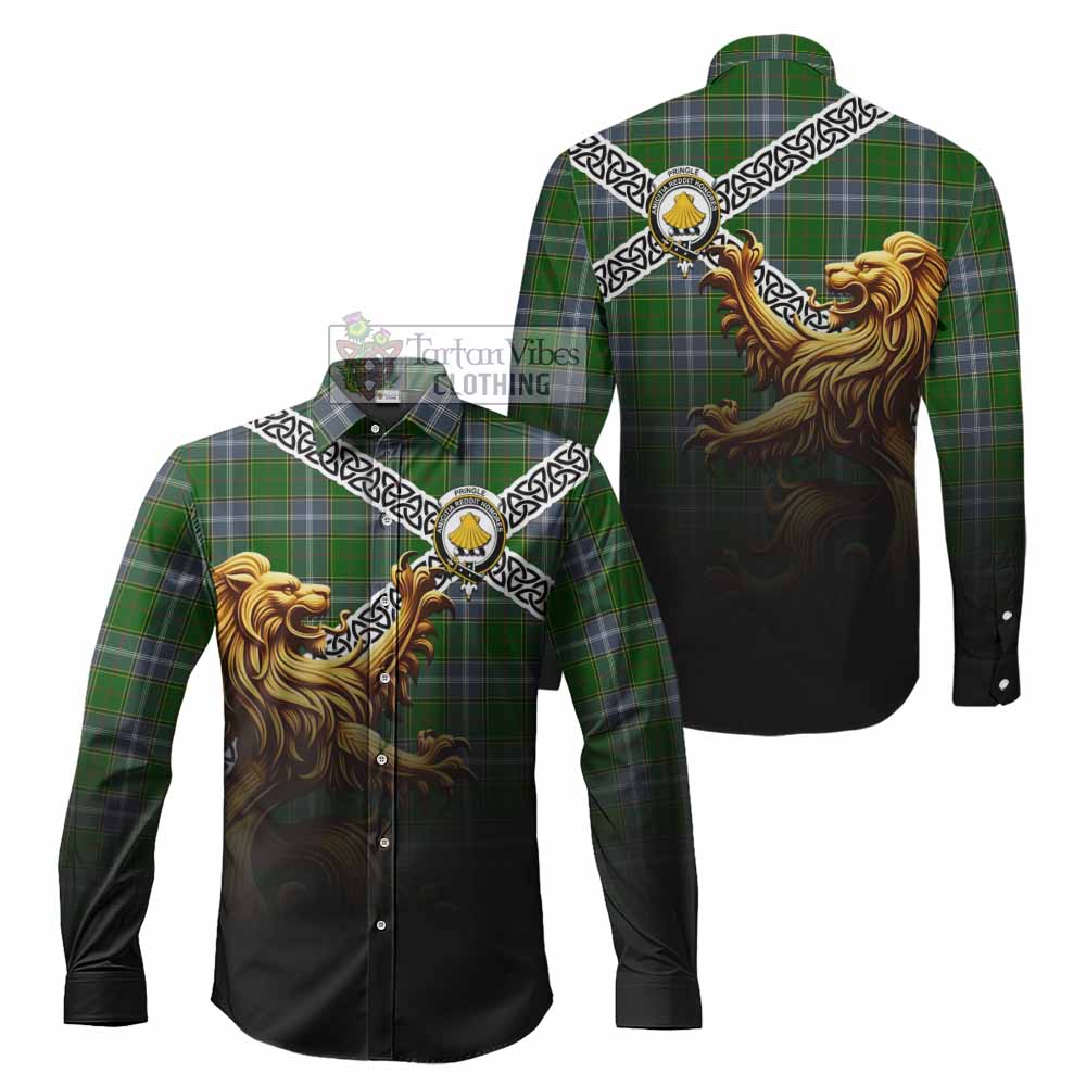 Tartan Vibes Clothing Pringle Crest Tartan Long Sleeve Button Shirt with Golden Lion Emblem Celtic Style