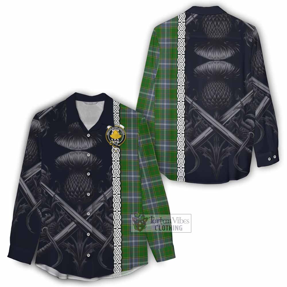 Tartan Vibes Clothing Pringle Tartan Women's Casual Shirt with Family Crest Cross Sword Thistle Celtic Vibes