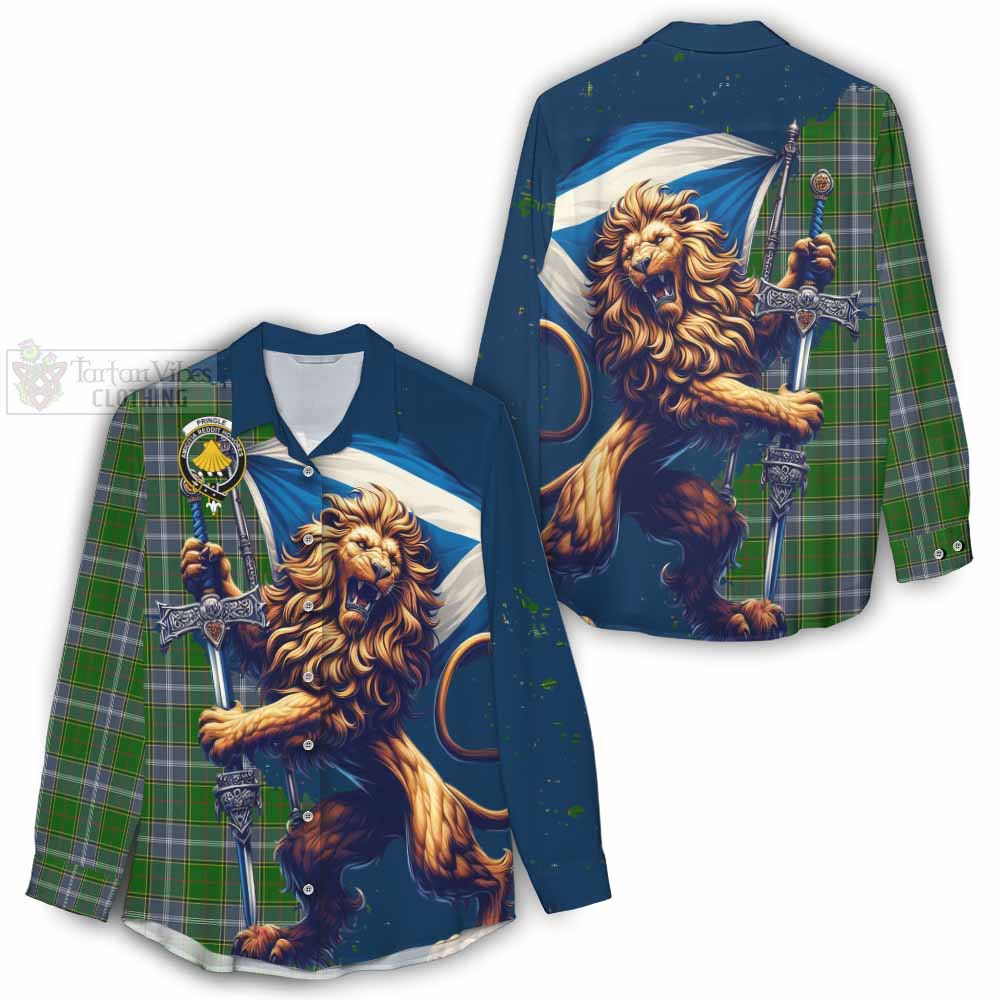 Tartan Vibes Clothing Pringle Tartan Family Crest Women's Casual Shirt with Scottish Majestic Lion