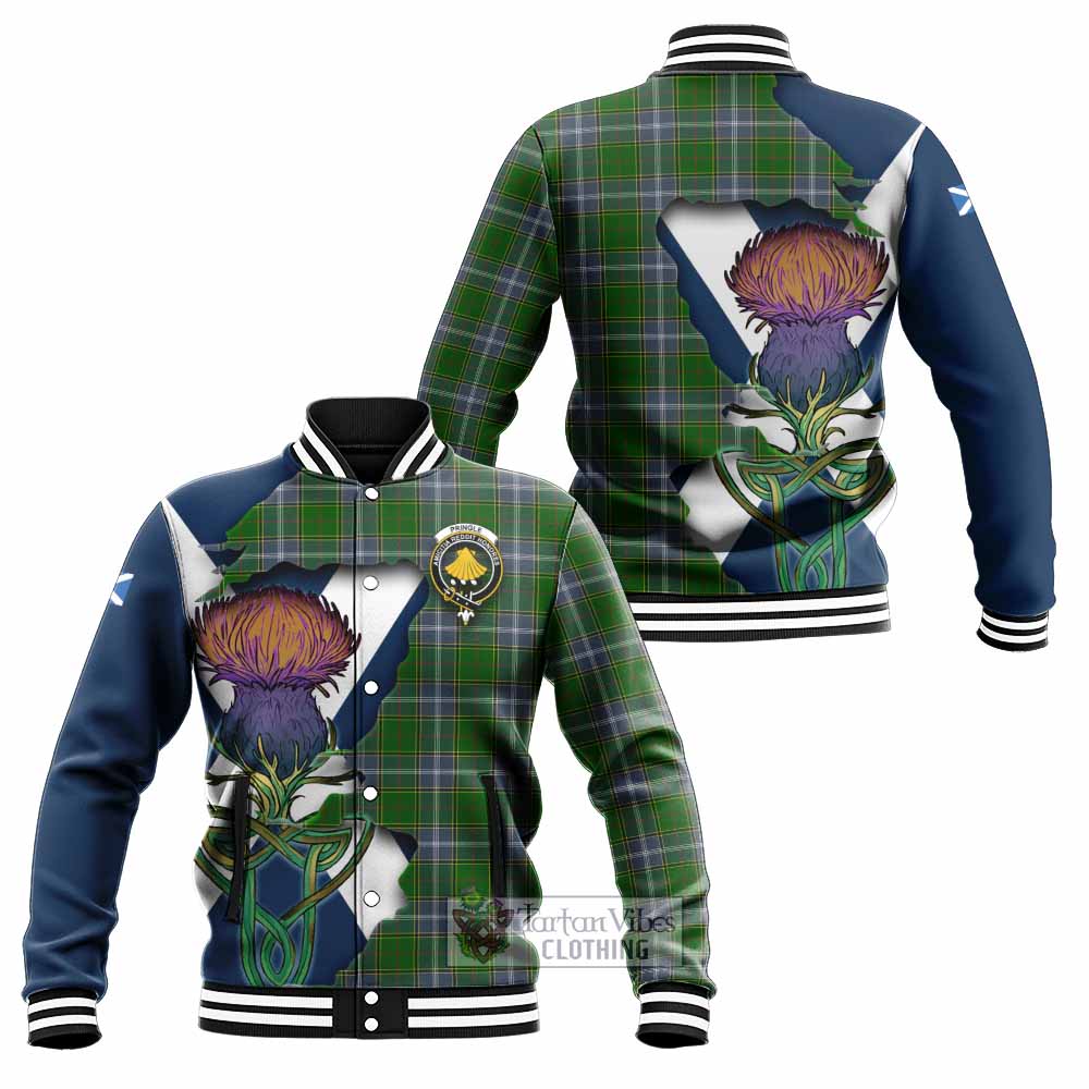Tartan Vibes Clothing Pringle Tartan Family Crest Baseball Jacket Scottish Thistle Celtic Inspired