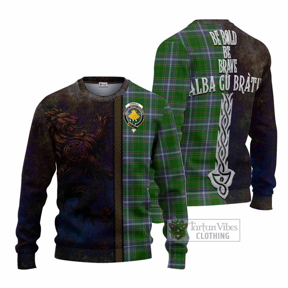 Tartan Vibes Clothing Pringle Tartan Family Crest Knitted Sweater Alba Gu Brath Be Brave Lion Ancient Style