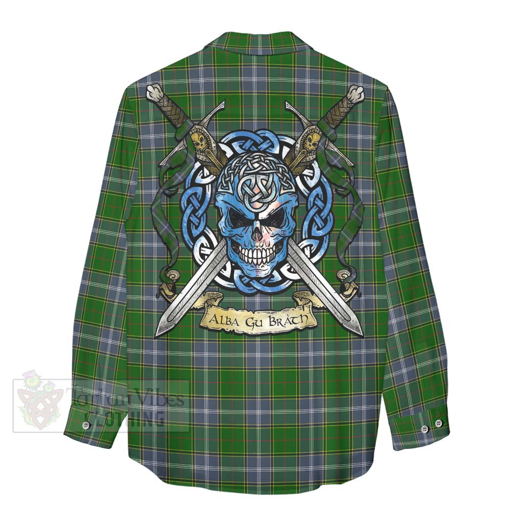 Tartan Vibes Clothing Pringle Tartan Women's Casual Shirt with Family Crest Celtic Skull Style