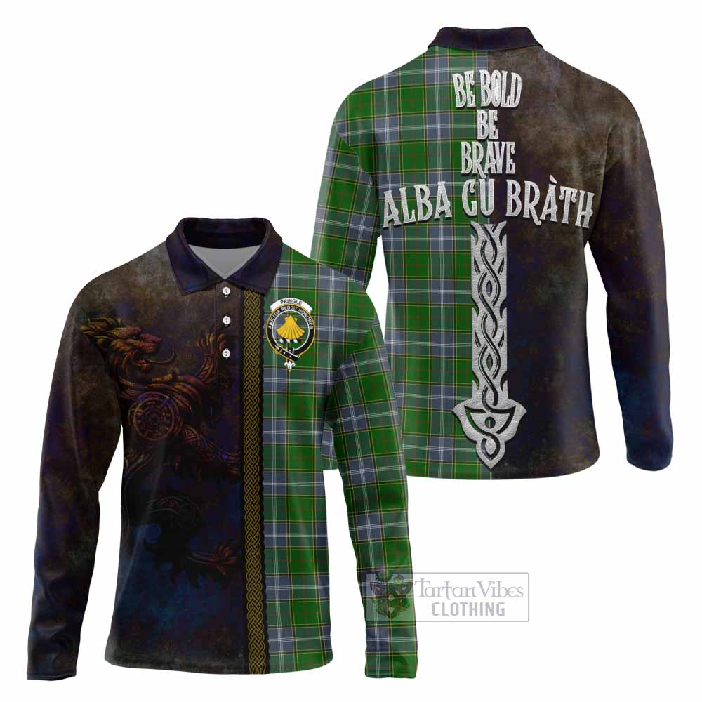 Tartan Vibes Clothing Pringle Tartan Family Crest Long Sleeve Polo Shirt Alba Gu Brath Be Brave Lion Ancient Style