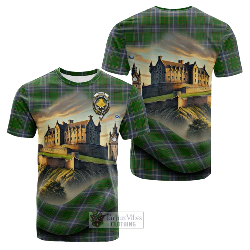 Tartan Vibes Clothing Pringle Tartan Family Crest Cotton T-shirt with Scottish Ancient Castle Style