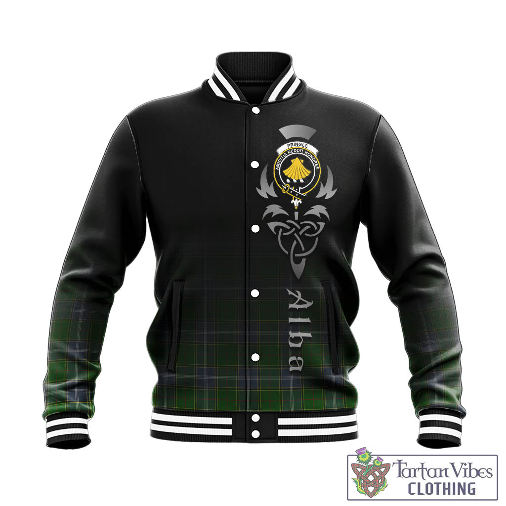 Tartan Vibes Clothing Pringle Tartan Baseball Jacket Featuring Alba Gu Brath Family Crest Celtic Inspired