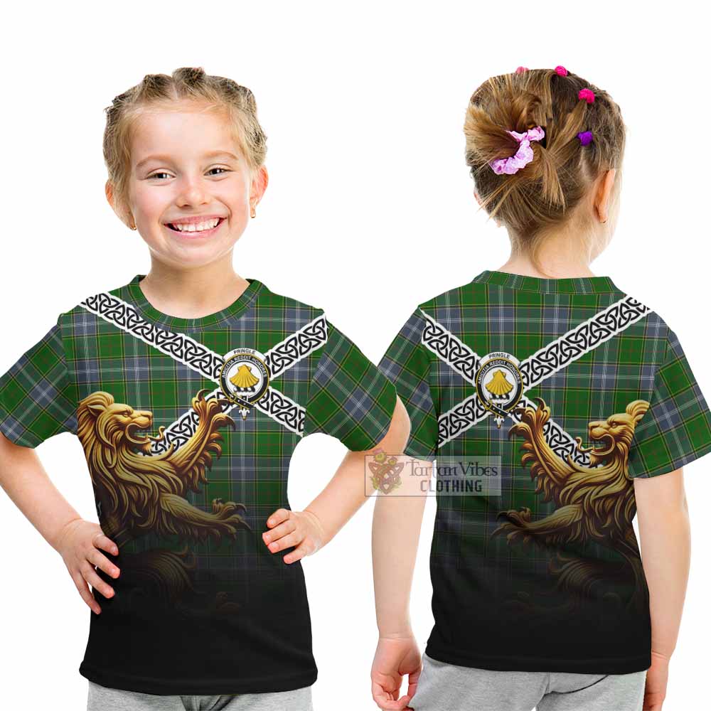 Tartan Vibes Clothing Pringle Crest Tartan Kid T-Shirt with Golden Lion Emblem Celtic Style