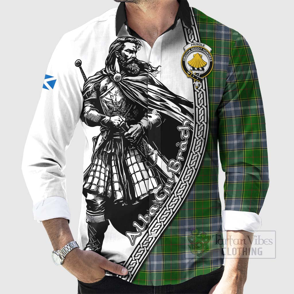 Tartan Vibes Clothing Pringle Tartan Clan Crest Long Sleeve Button Shirt with Highlander Warrior Celtic Style