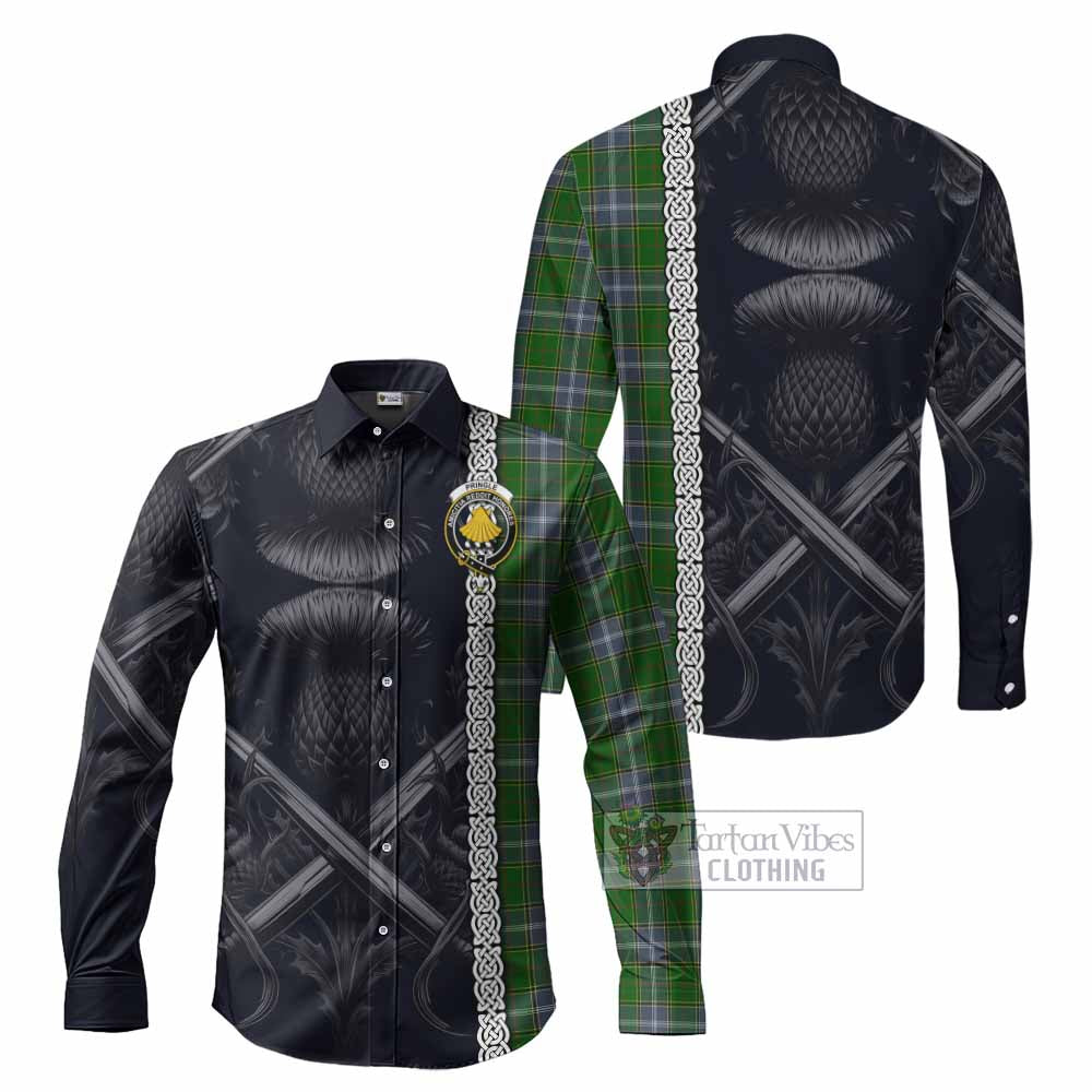 Tartan Vibes Clothing Pringle Tartan Long Sleeve Button Shirt with Family Crest Cross Sword Thistle Celtic Vibes