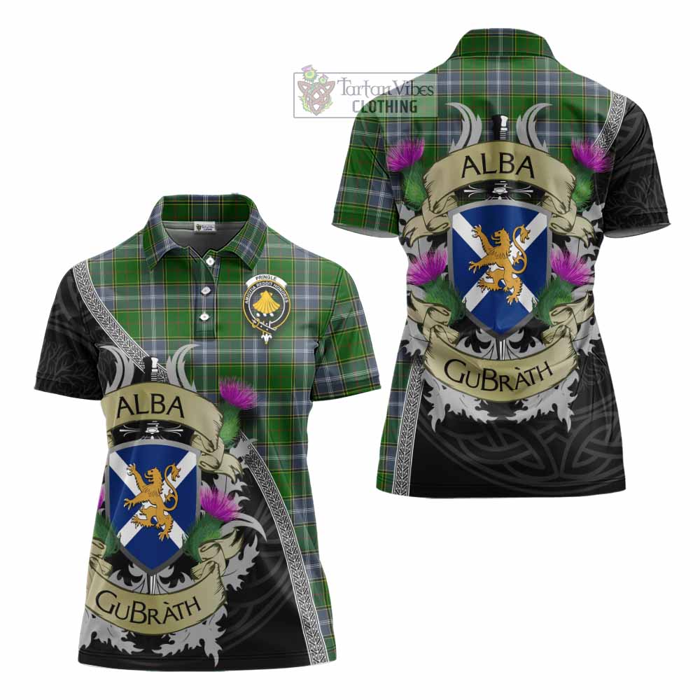 Tartan Vibes Clothing Pringle Tartan Family Crest Women's Polo Shirt Lion Rampant Royal Thistle Shield Celtic Inspired