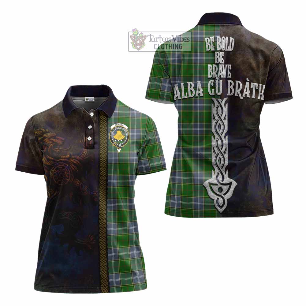Tartan Vibes Clothing Pringle Tartan Family Crest Women's Polo Shirt Alba Gu Brath Be Brave Lion Ancient Style