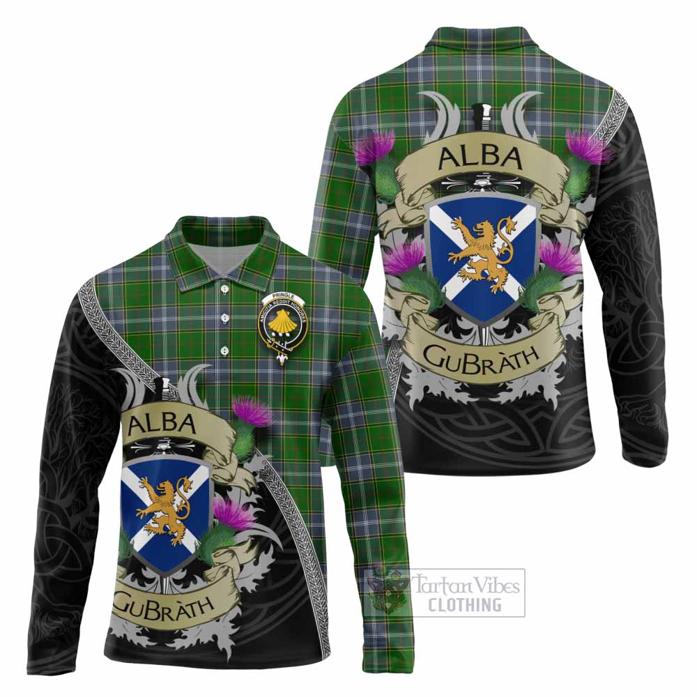 Tartan Vibes Clothing Pringle Tartan Family Crest Long Sleeve Polo Shirt Lion Rampant Royal Thistle Shield Celtic Inspired