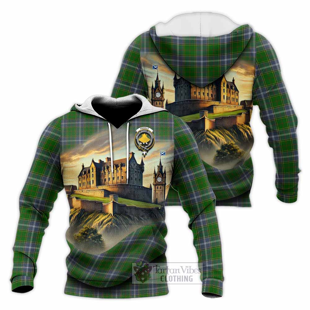Tartan Vibes Clothing Pringle Tartan Family Crest Knitted Hoodie with Scottish Ancient Castle Style