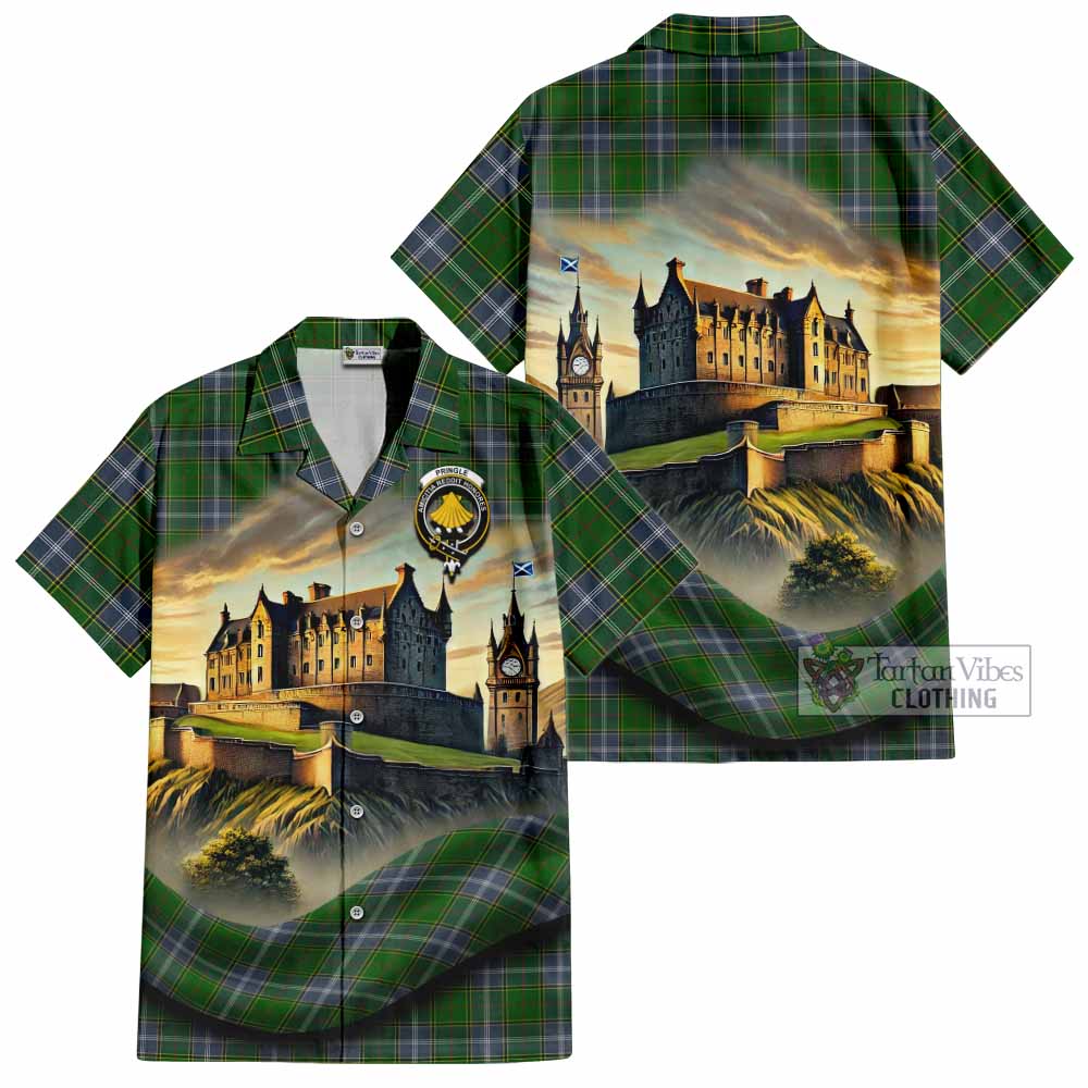 Tartan Vibes Clothing Pringle Tartan Family Crest Short Sleeve Button Shirt with Scottish Ancient Castle Style
