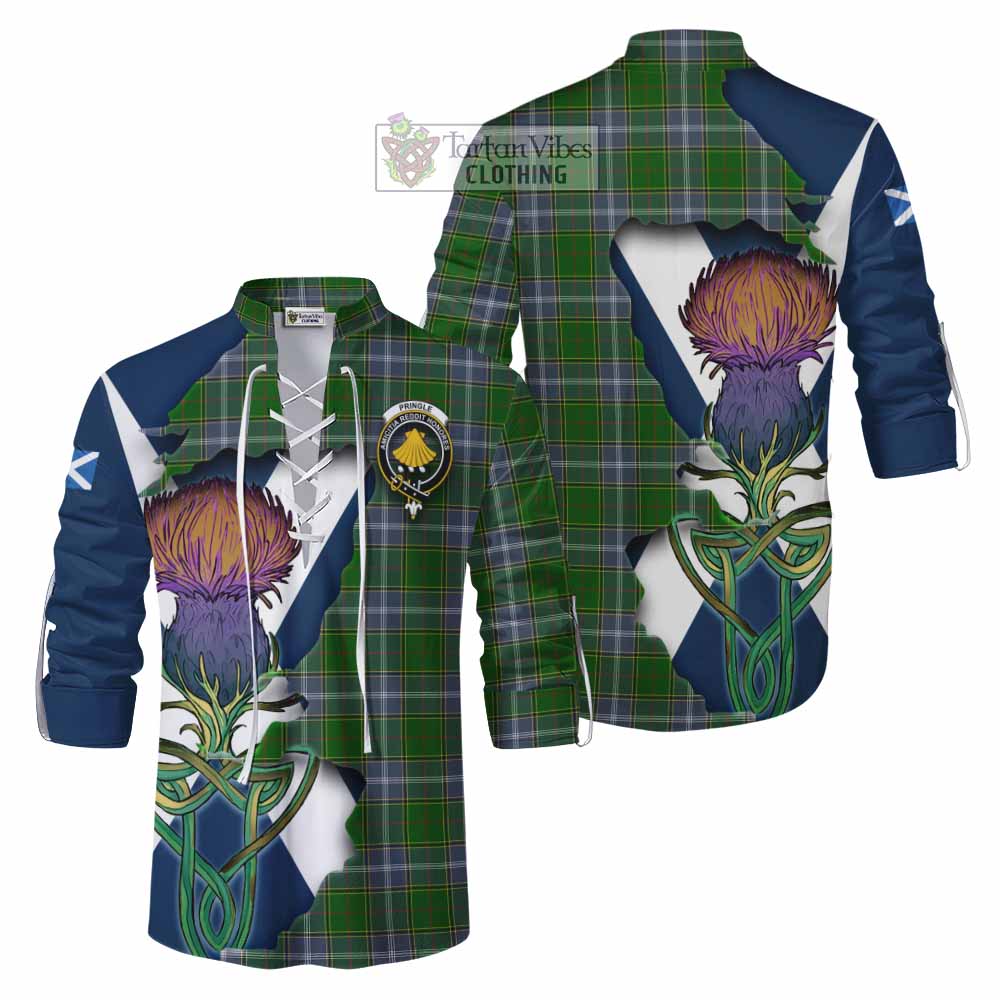 Tartan Vibes Clothing Pringle Tartan Family Crest Ghillie Kilt Shirt Scottish Thistle Celtic Inspired