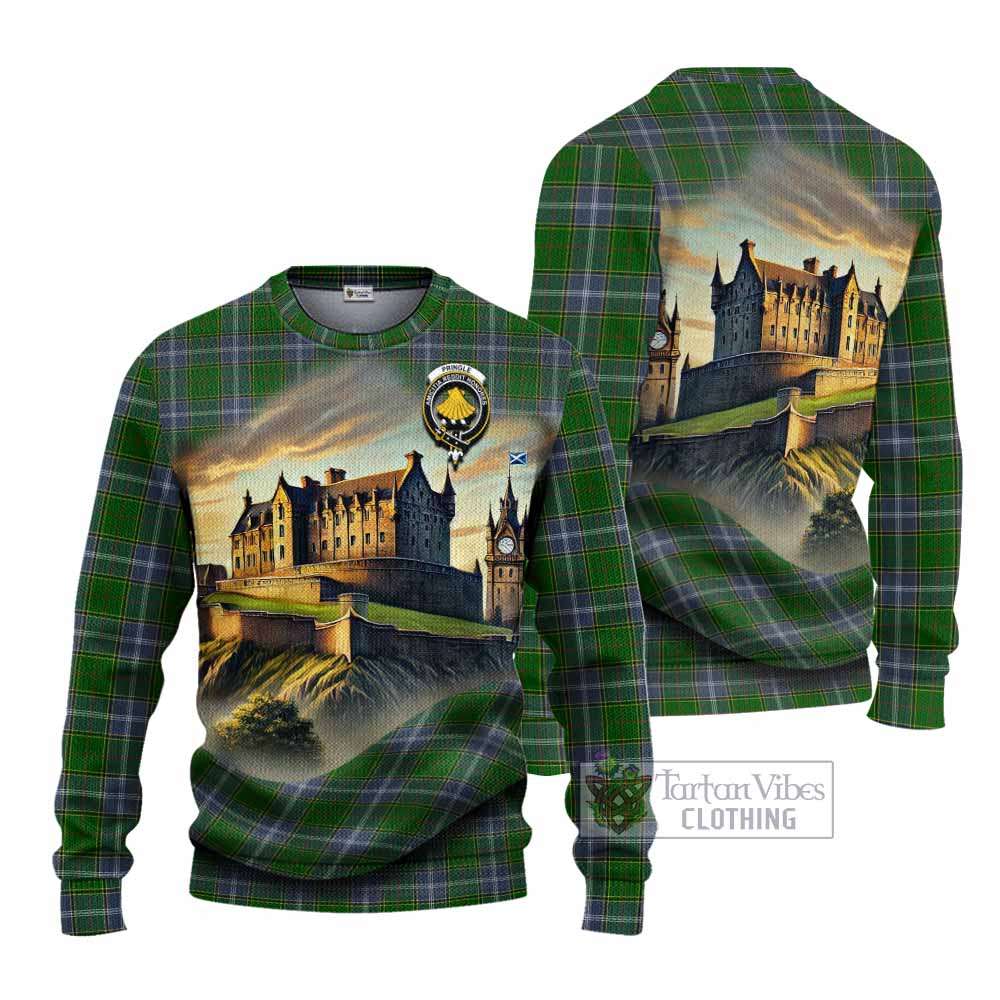 Tartan Vibes Clothing Pringle Tartan Family Crest Knitted Sweater with Scottish Ancient Castle Style