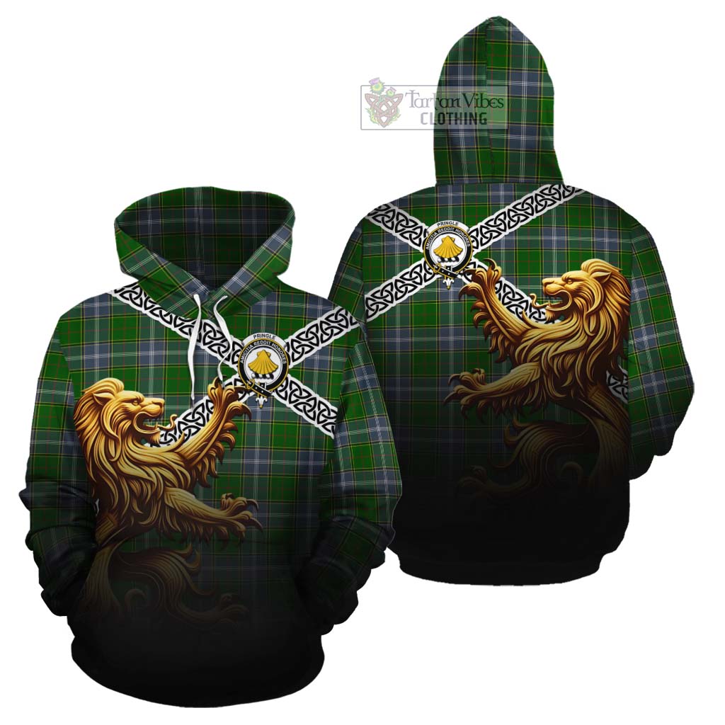 Tartan Vibes Clothing Pringle Crest Tartan Cotton Hoodie with Golden Lion Emblem Celtic Style