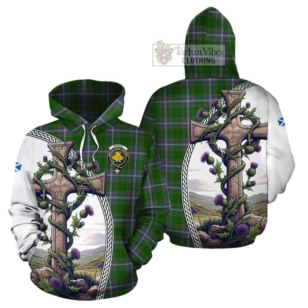 Tartan Vibes Clothing Pringle Tartan Cotton Hoodie with Family Crest and St. Andrew's Cross Accented by Thistle Vines