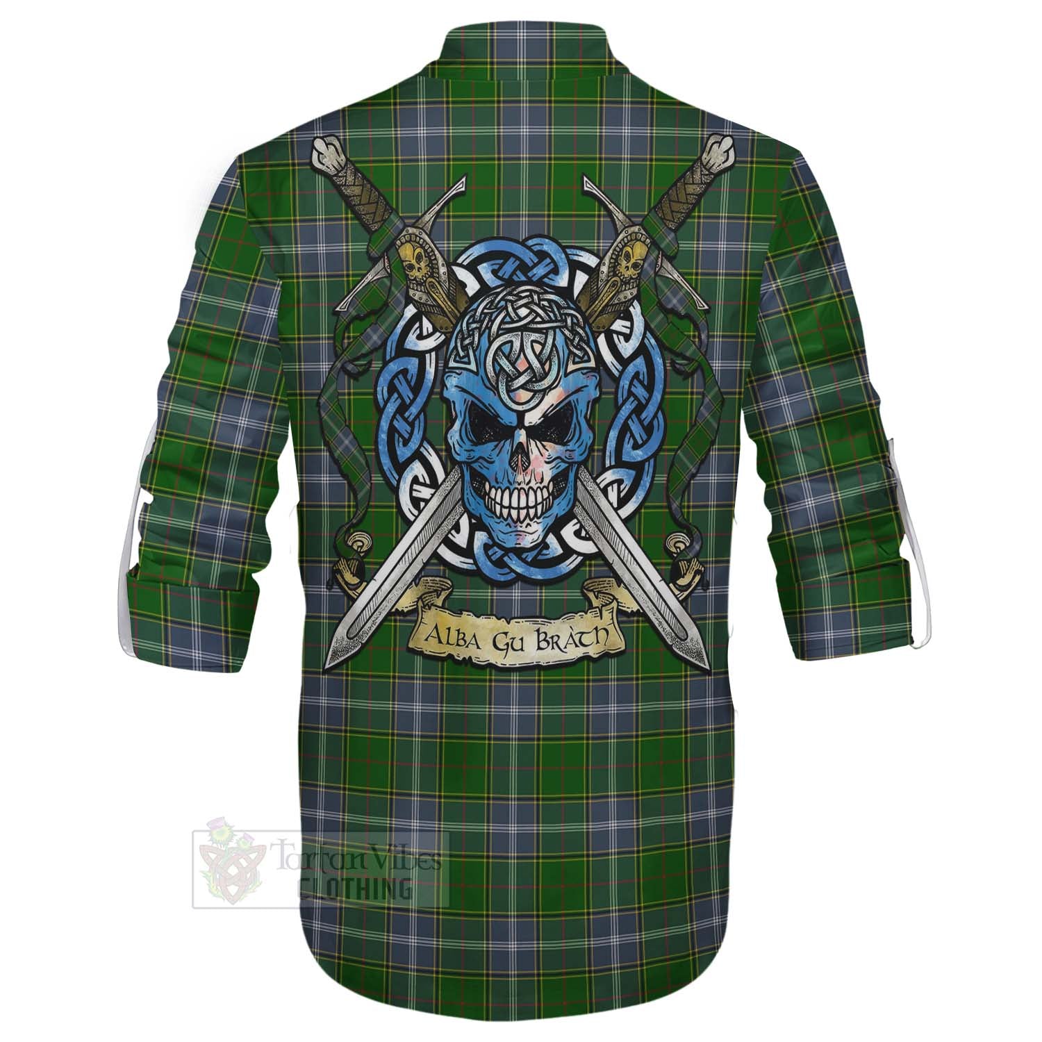 Tartan Vibes Clothing Pringle Tartan Ghillie Kilt Shirt with Family Crest Celtic Skull Style