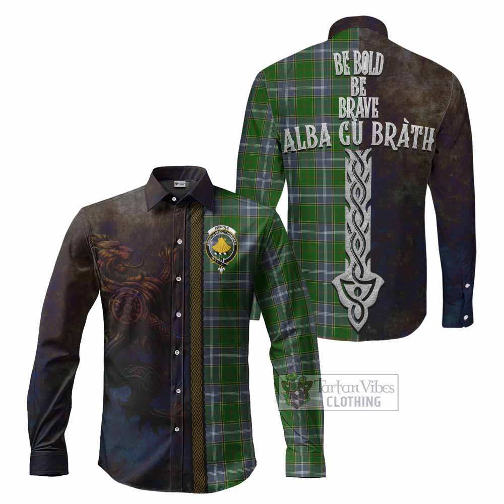 Tartan Vibes Clothing Pringle Tartan Family Crest Long Sleeve Button Shirt Alba Gu Brath Be Brave Lion Ancient Style
