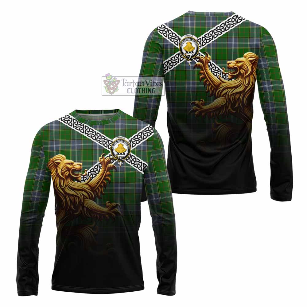 Tartan Vibes Clothing Pringle Crest Tartan Long Sleeve T-Shirt with Golden Lion Emblem Celtic Style