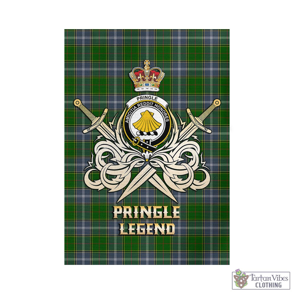 Tartan Vibes Clothing Pringle Tartan Flag with Clan Crest and the Golden Sword of Courageous Legacy